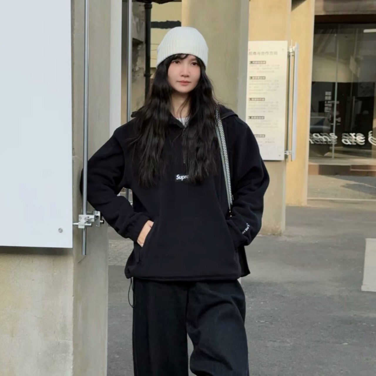 thumbnail for Cross-border high-end version] Sup collaboration WEEK14 fleece sweatshirt, semi-zipper hoodie, unisex