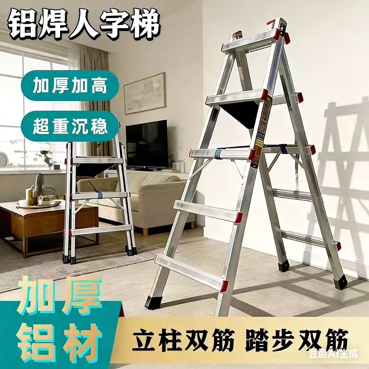 铝合金梯可行走人字梯焊接移动梯子工程梯木工梯加厚铝焊家用梯子,居家日用,家用梯,淘宝优惠券,粉丝福利购,淘宝优惠卷