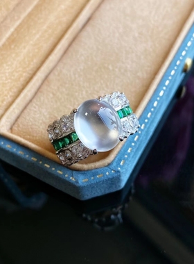 天然水沫玉冰玻璃种戒指环圈复古中国风新款蕾丝绿宝石设计女翡翠