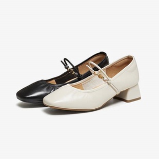 女单鞋 方头粗跟一脚蹬玛丽珍鞋 W5011AQ6 百思图2026春新款 专柜正品