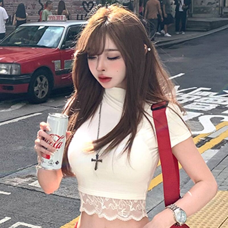 特别漂亮掐腰上衣蕾丝假两件初夏薄一字肩韩系短袖衬衫修身娃娃衫