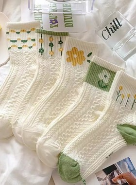 绿色春夏中筒袜子女ins潮百搭韩版网红可爱学院风白色透气长筒袜