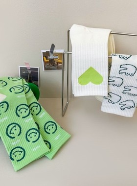 韩版春夏款绿色系袜子女ins潮百搭高颜值森系笑脸中高筒长袜