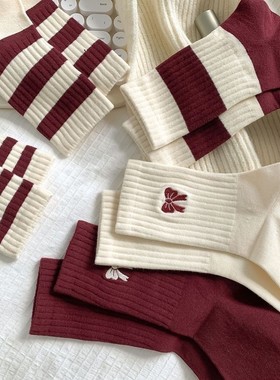 安可拉红女士棉袜子袜子蝴蝶结红色女中筒条纹百搭秋冬季长袜ins