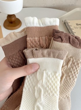 花边袜子女款秋冬纯棉木耳边中筒袜可爱无骨搭配小皮鞋堆堆袜