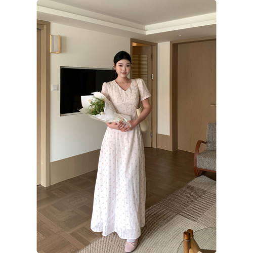 糕冷圆脸[玫瑰花信]法式V领碎花连衣裙田园度假风短袖长裙子