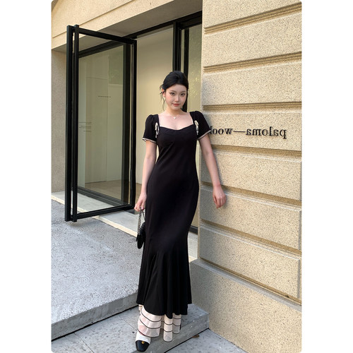 糕冷圆脸[法式记忆]黑色连衣裙女夏微胖梨形穿搭鱼尾裙子显瘦长裙