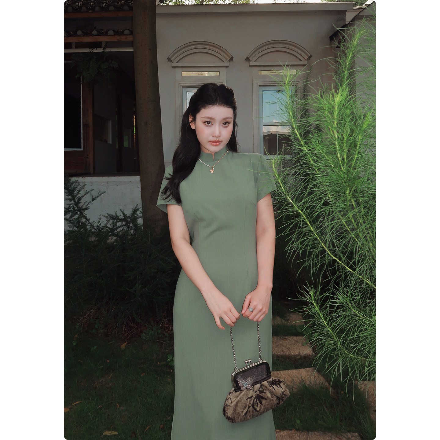 糕冷圆脸[碧螺春]新中式优雅旗袍夏正肩袖立领收腰薄荷绿气质长裙