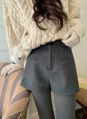 百搭灰色毛呢短裤外穿休闲裤女装冬季高腰显瘦a字热裤超A靴子裤