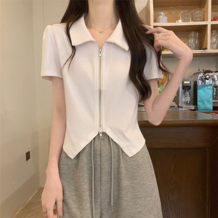 法式设计感POLO正肩短袖T恤衫女2024夏季新款拉链半袖短款小上衣