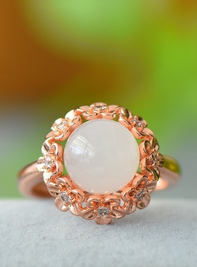 天然白玉戒指女款冰种和田玉蛋面戒指玉石指环时尚百搭饰品礼物