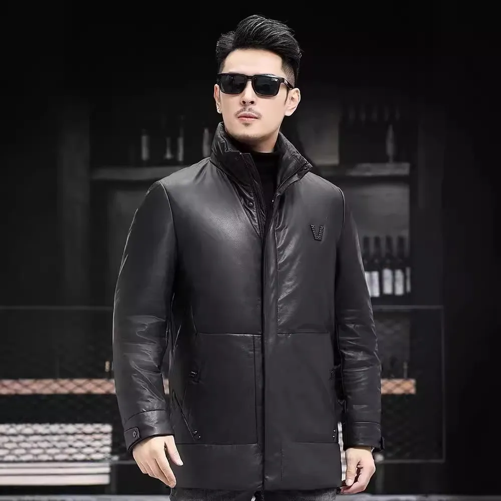 海宁真皮皮衣男羽绒服中长款加厚立领头层牛皮皮羽绒服保暖外套