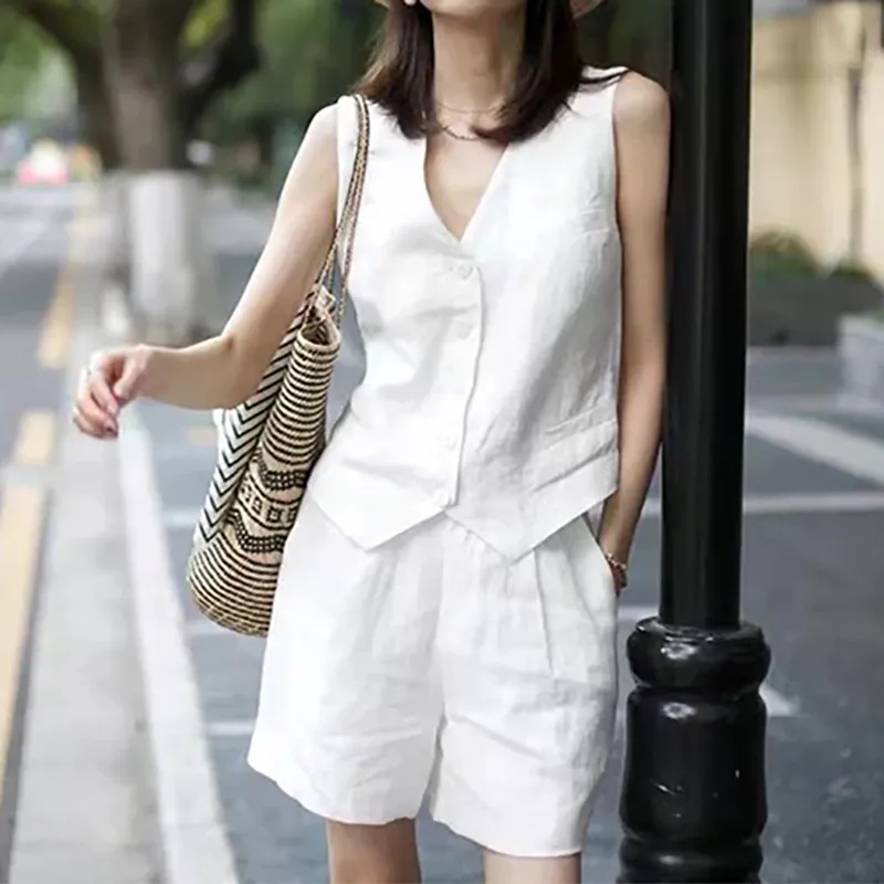 现货 白色马甲短裤套装 无袖西装背心外套马夹女款