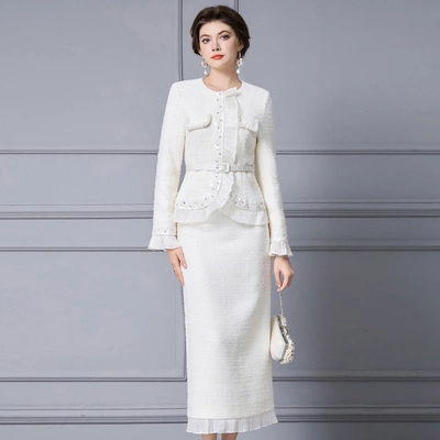 智丽冬天裙子套装女2025新款冬装高级感白色小香风毛呢外套包臀裙