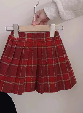 儿童春装女童红色格子毛呢裙秋冬款半身裙子宝宝学院风百褶短裙裤