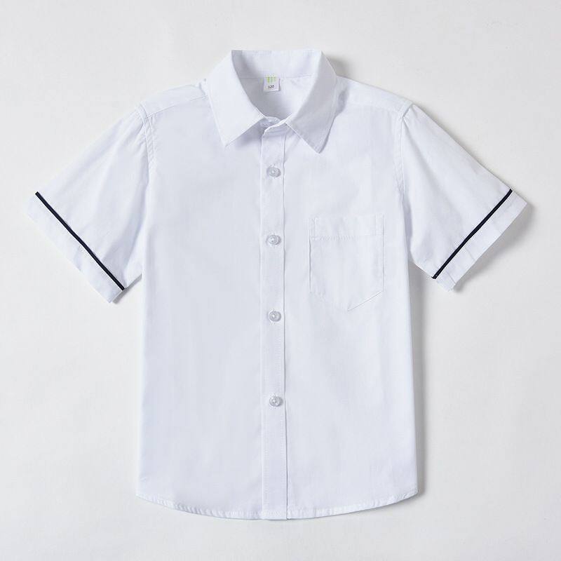 2026儿童白衬衫短袖长袖衣短袖黑边白色校服小学生黑条短袖