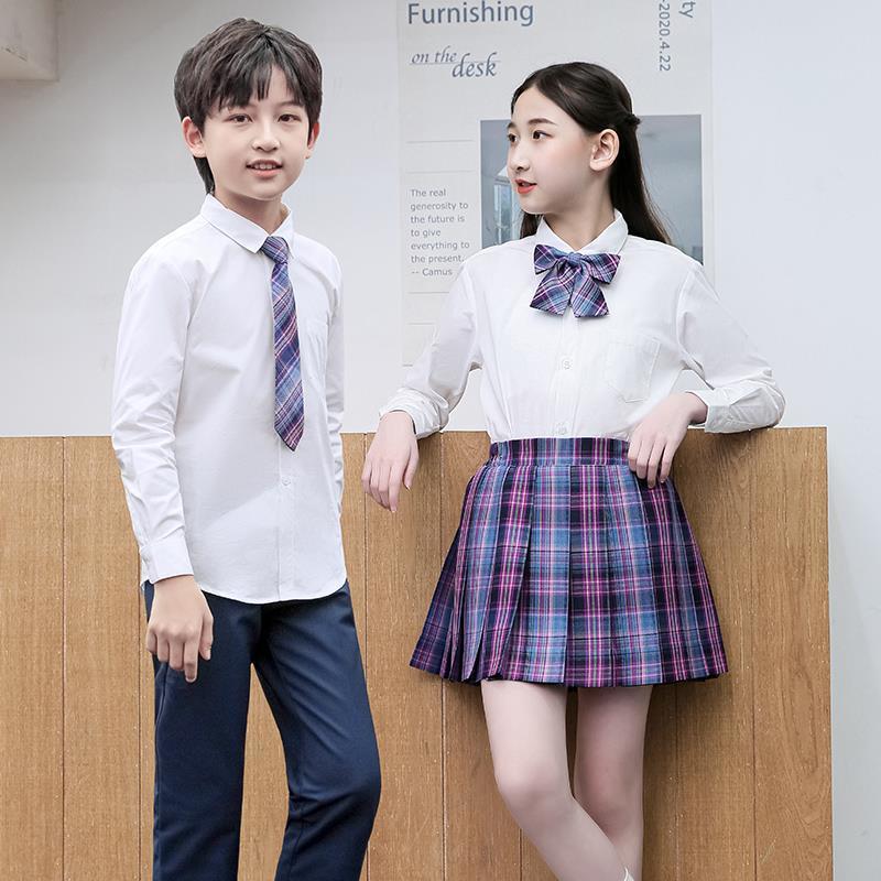 涤棉男女童白衬衫学生校服衬衣儿童演出服学院风jk格子短裙套装