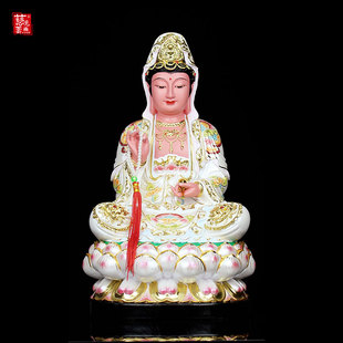 香樟木雕摆设彩绘观音娘娘像普陀山菩萨家用坐莲佛像供奉神像摆件