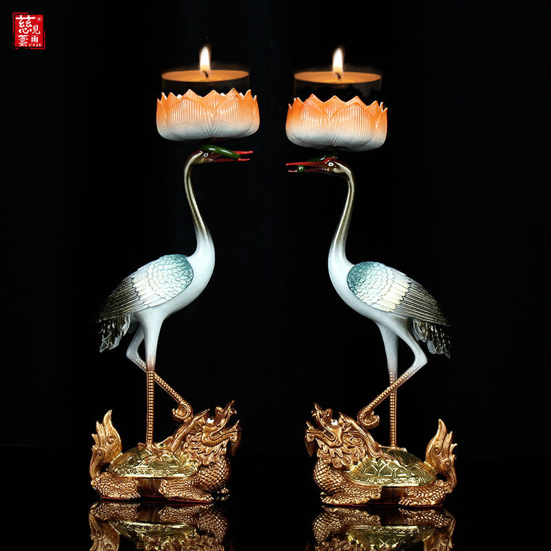 锡烛台龙龟仙鹤烛台一对烛台摆件家用灯台蜡台仙鹤踏龙龟烛台合金
