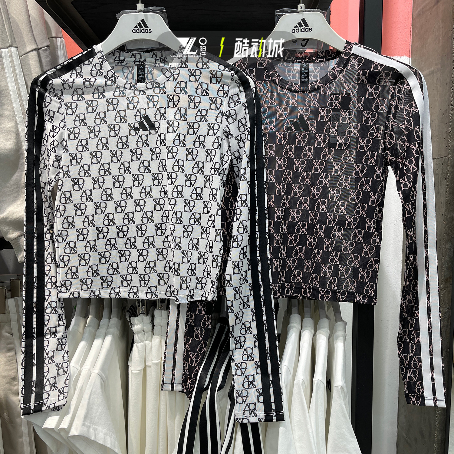 Adidas阿迪达斯女子春季满印logo轻薄长袖短款防晒衣JY7664 7665