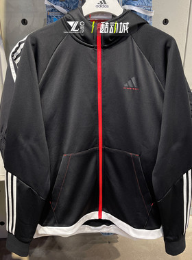 Adidas阿迪达斯男子冬季加绒保暖拼接三条纹连帽夹克外套JL7586