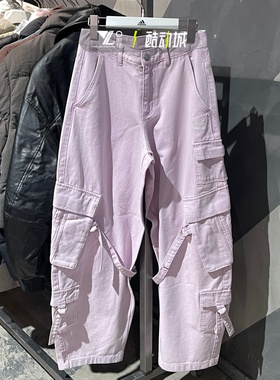 adidas三叶草正品女子春季新款牛仔裤刺绣小标工装风牛仔裤KU9536