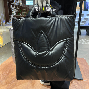 阿迪达斯三叶草男女同款 黑色亮面托特包电脑包大容量单肩包JW1715