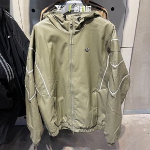 adidas三叶草正品仿皮面棉服男女同款防风保暖连帽外套夹克KC2654