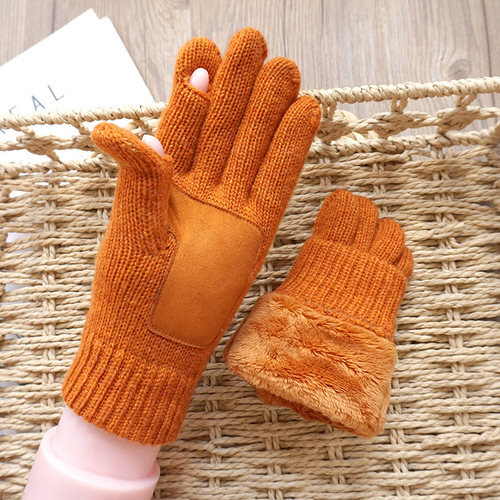 秋冬新品纯羊毛加绒加厚露指手套