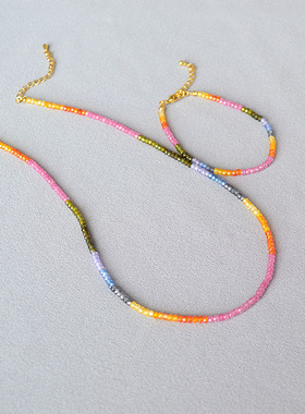 法式小众设计优雅闪耀切面渐变彩色宝石串珠甜美可爱气质项链手链