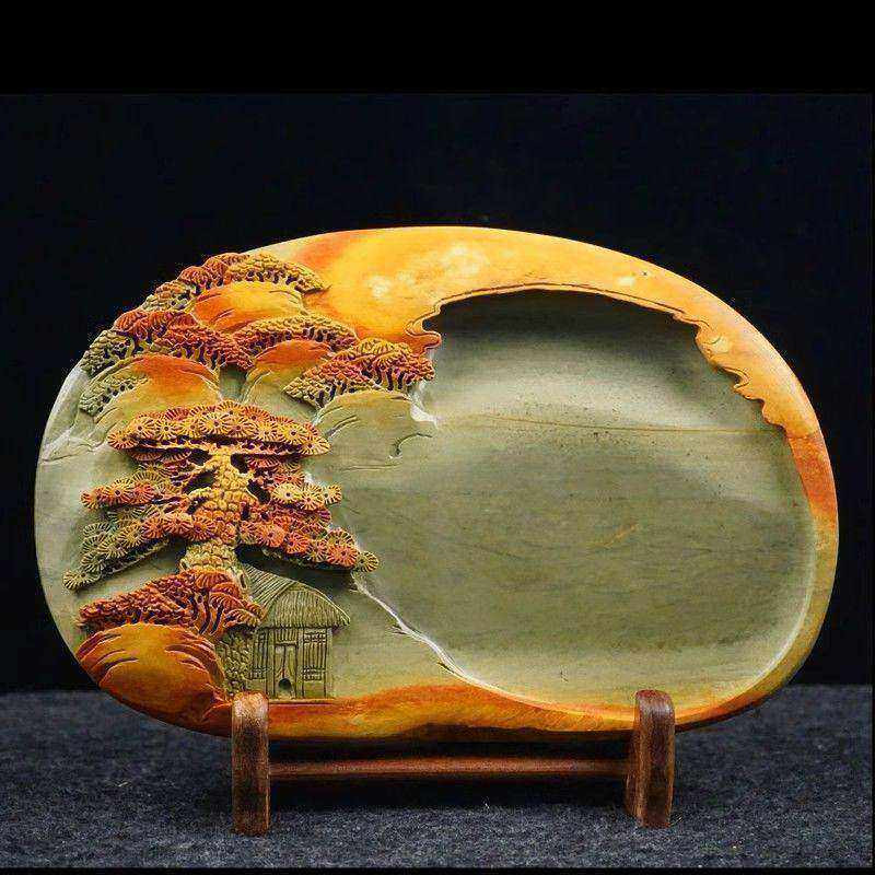 砚台端砚正宗肇庆天然原石礼品收藏精品人工浮雕绿端8寸10寸镇宅