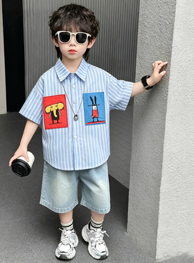 男童夏装套装2026新款夏季儿童条纹短袖衬衫男宝宝牛仔短裤衣服潮