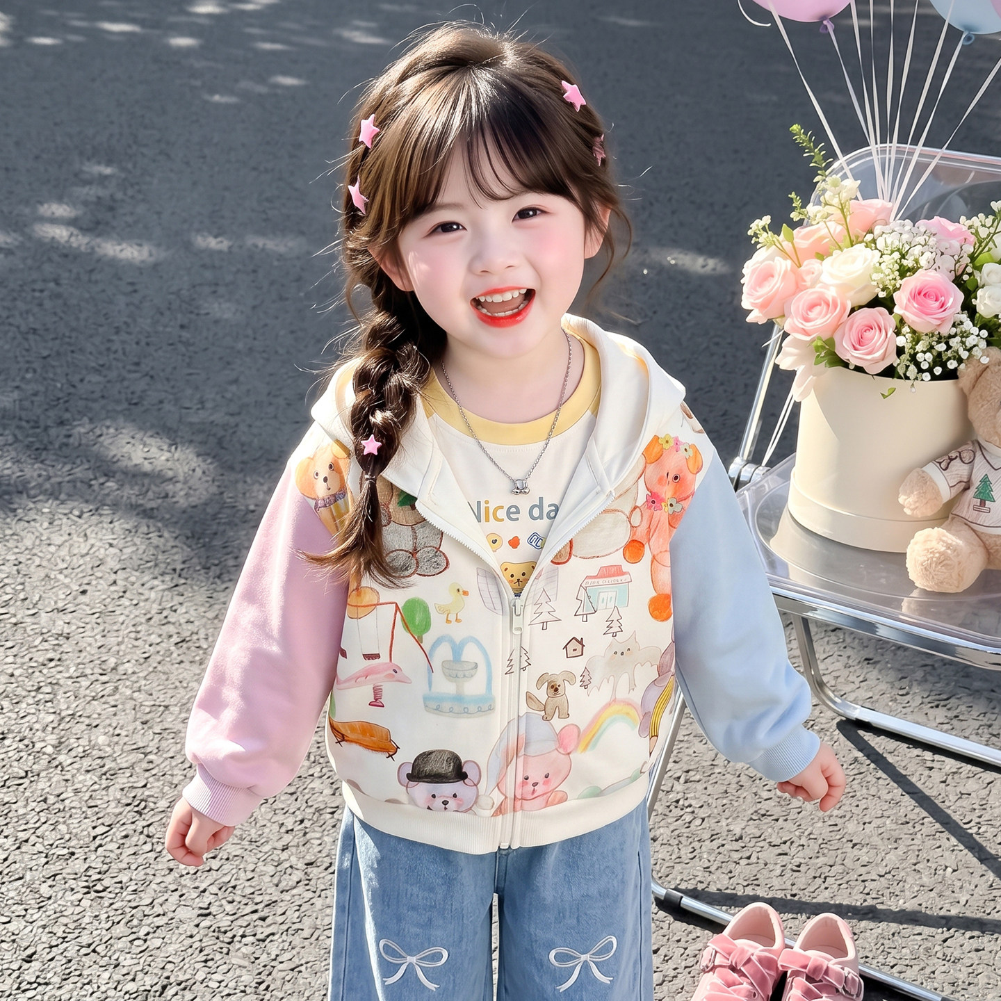 女童春秋满印卡通连帽外套韩系涂鸦拉链开衫宽松儿童休闲卫衣上衣