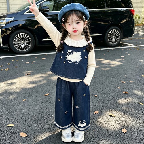 女童套装洋气秋季2026新款儿童牛仔秋装女孩宝宝时髦阔腿裤三件套