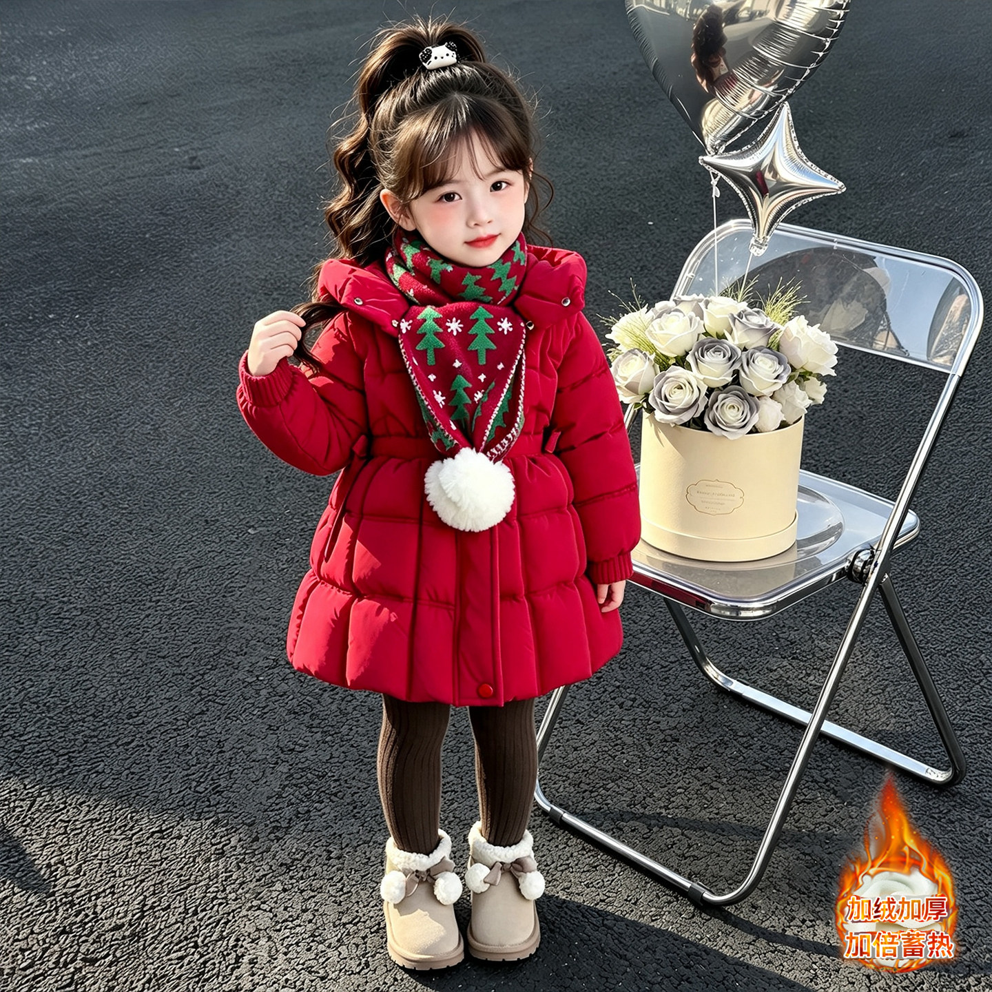 洋气女童圣诞连帽棉衣秋冬季甜美宝宝加绒加厚保暖中长款棉服外套