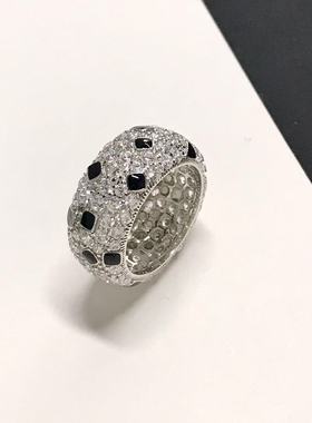 豹纹黑白满钻戒指女轻奢高级感 925纯银复古黑珐琅斑点宽面指环