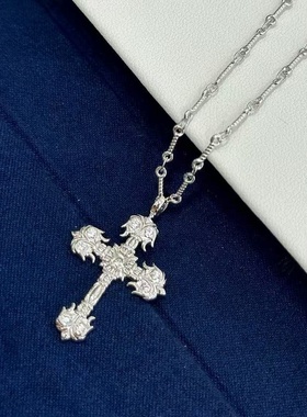 通体s925个性克罗十字架烈焰潮流火焰项链镶嵌高碳钻重工设计款
