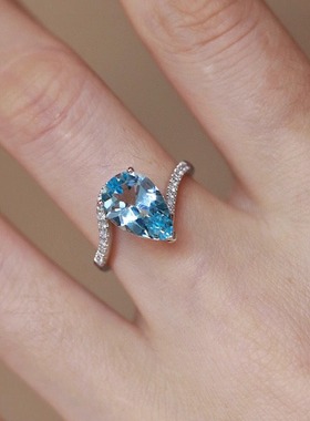 原创设计师通体s925纯银水滴海蓝宝戒指气质温柔时尚百搭小众轻奢