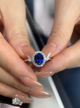 鑫葆康珠宝2克拉蛋形爆款培育蓝宝石轻奢简约戒指S925银女热销