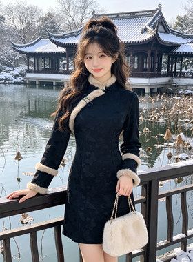 新中式改良旗袍女冬季加绒加厚黑色修身显瘦日常可穿连衣裙有口袋