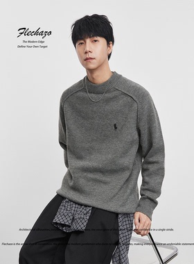 拉夫风春季新款深灰色圆领毛线衣男装轻奢质感骑士刺绣宽松针织衫