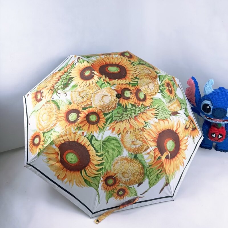 向日葵新品礼品盒防晒防紫外线三折全自动晴雨两用木质手柄伞