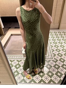 100%桑蚕丝法式橄榄绿波点斜裁真丝无袖连衣裙显瘦度假长裙