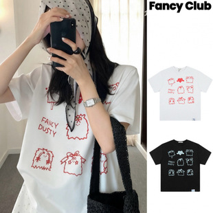 韩国小众潮牌FANCY联名款 T恤女 可爱卡通爱心图案宽松纯棉短袖