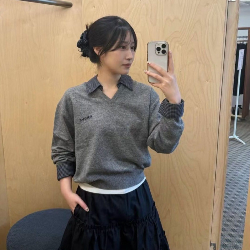 林娜琏车静媛同款韩国小众潮牌GROVE假两件格纹针织V领毛衣针织衫