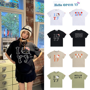 纯棉休闲男女情侣款 韩国open kitty联名款 边伯贤同款 T恤潮 YY短袖