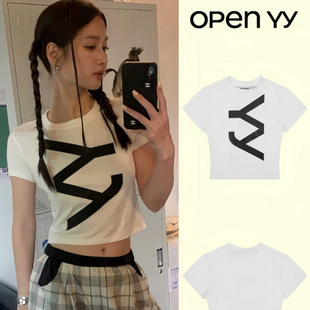 LOGO大字母印花圆领短款 许允真同款 T恤女 yy短袖 韩国小众潮牌open