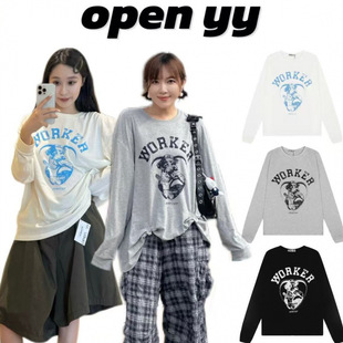 显瘦百搭T恤宽松圆领打底衫 yy长袖 上衣女 韩国小众潮牌open 现货