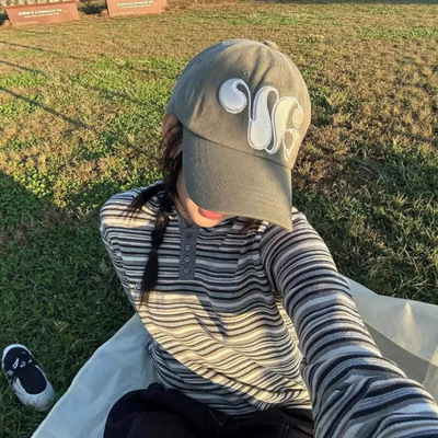 韩国小众潮牌aeae新款宽松刺绣复古条纹连帽宽松长袖T恤上衣女