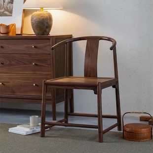 新中式小圈椅全实木老榆木黑胡桃色餐椅靠背木椅子简约宋式小茶椅